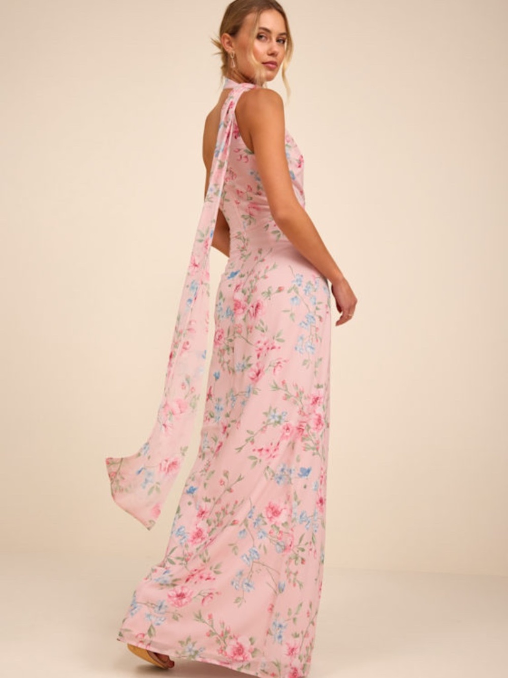 Lulus Adeline Light Pink Floral One-shoulder Scarf Maxi Dress - Size 1X